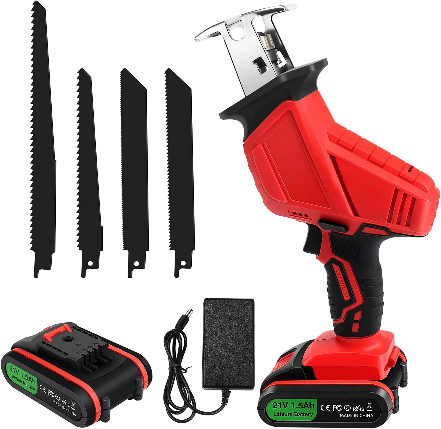 Reciprocating Saw, 21V Cordless Battery Powered Reciprocating Saw, 4 PCS Saw Blades, Variable Speed, Electric Saw for Metal Wood PVC Pipe Cutting and Tree Pruning (1 Batterie)