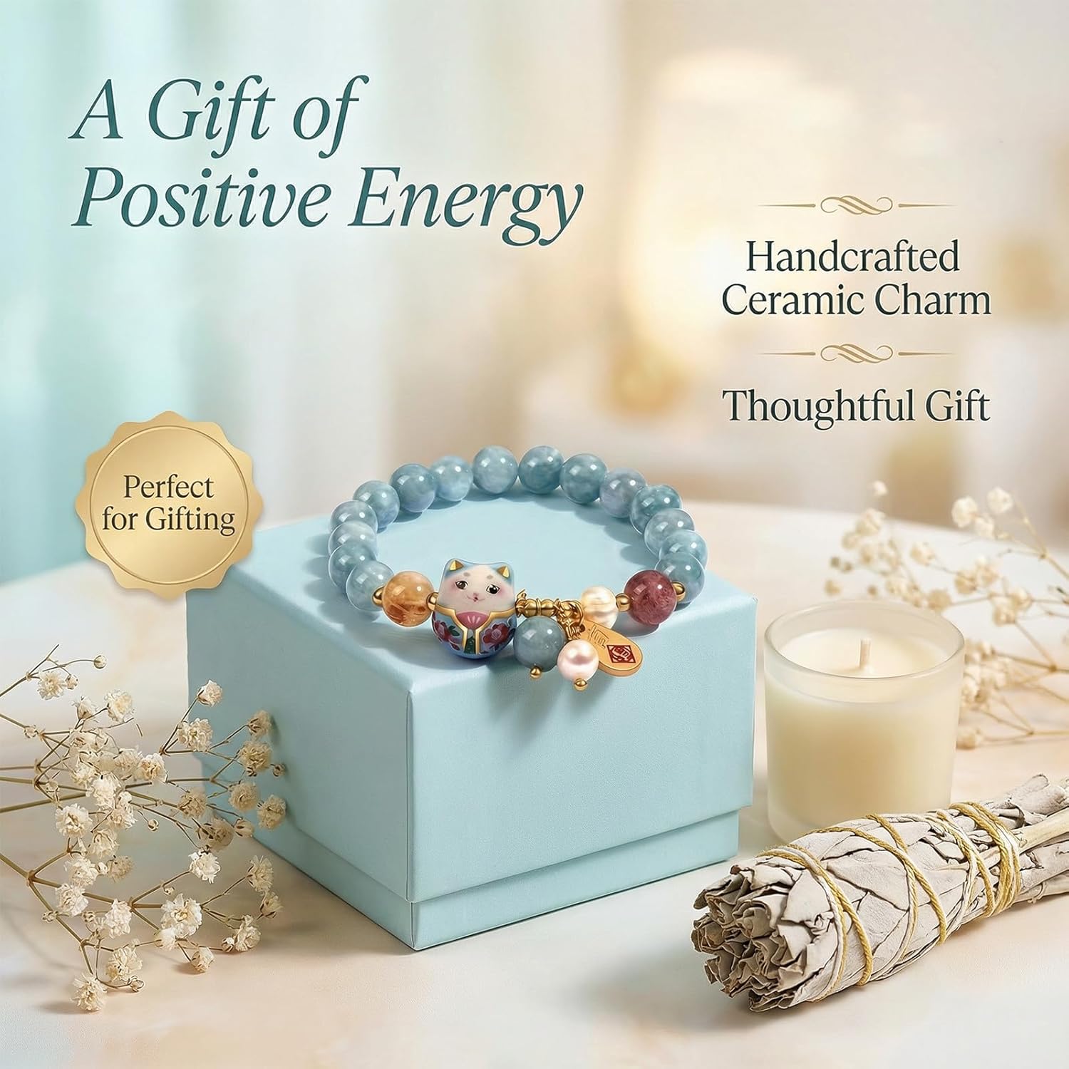 Blue Crystal luck Cat Bracelet and Cat Ceramic Ornament Feng Shui Bracelet for Women Protection Positive Energy Bracelet Lucky Jewelry Gifts - Image 4