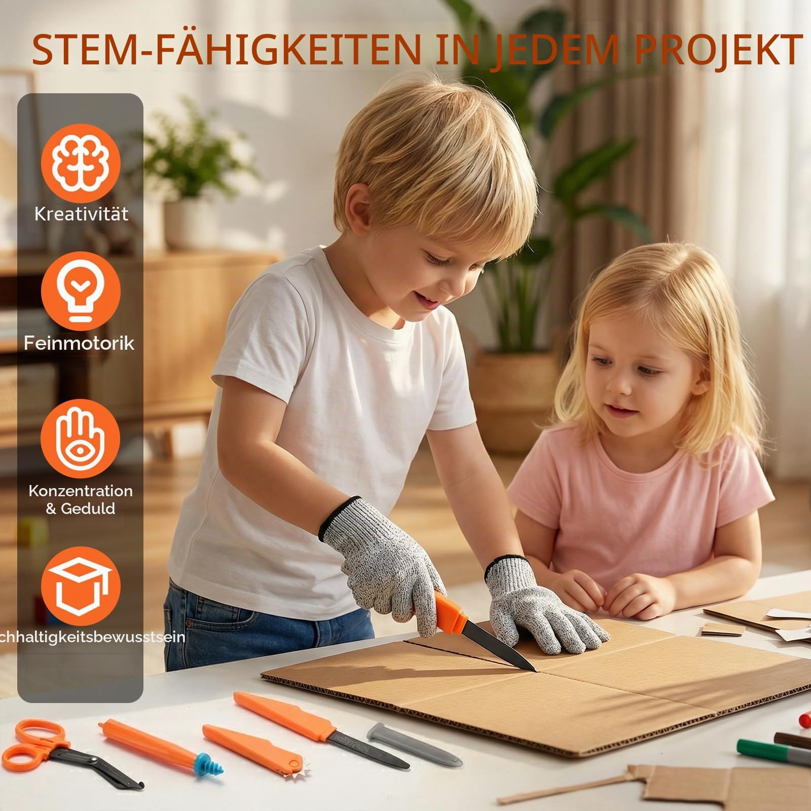 SainSmart Jr. Karton Werkzeug Bastelset 228-tlg, Profi-Set Team, ab 5 J. | Für mehrere Kinder gleichzeitig, inkl. sicherem Cutter & Werkzeugbox, fördert Teamwork & Kreativität, ab 5 Jahren
