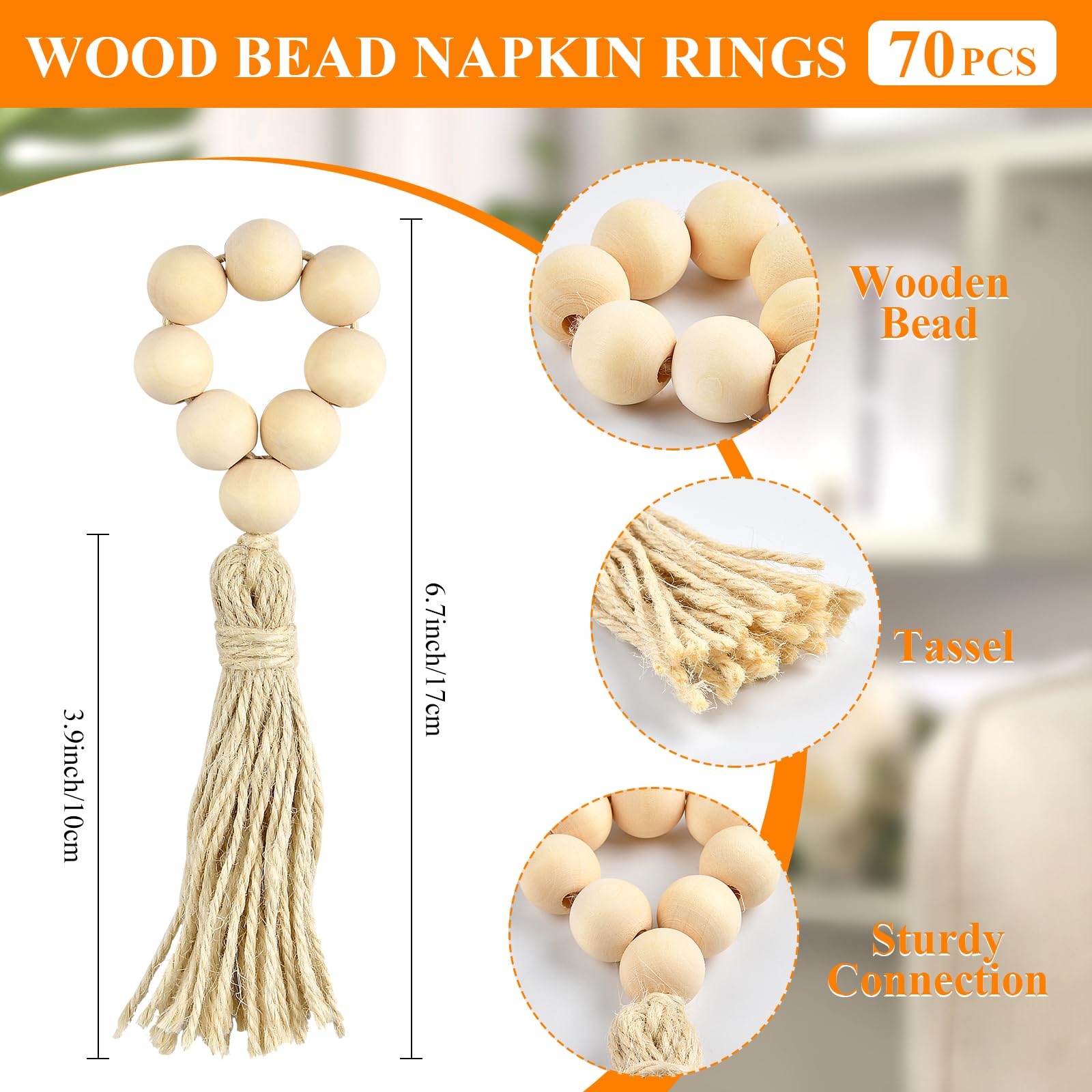 Supkiir Lot de 70 ronds de serviette en bois naturel faits à la main de style bohème avec pompons pour table, salle à manger, fête, mariage, rassemblement, Noël et décoration de ferme