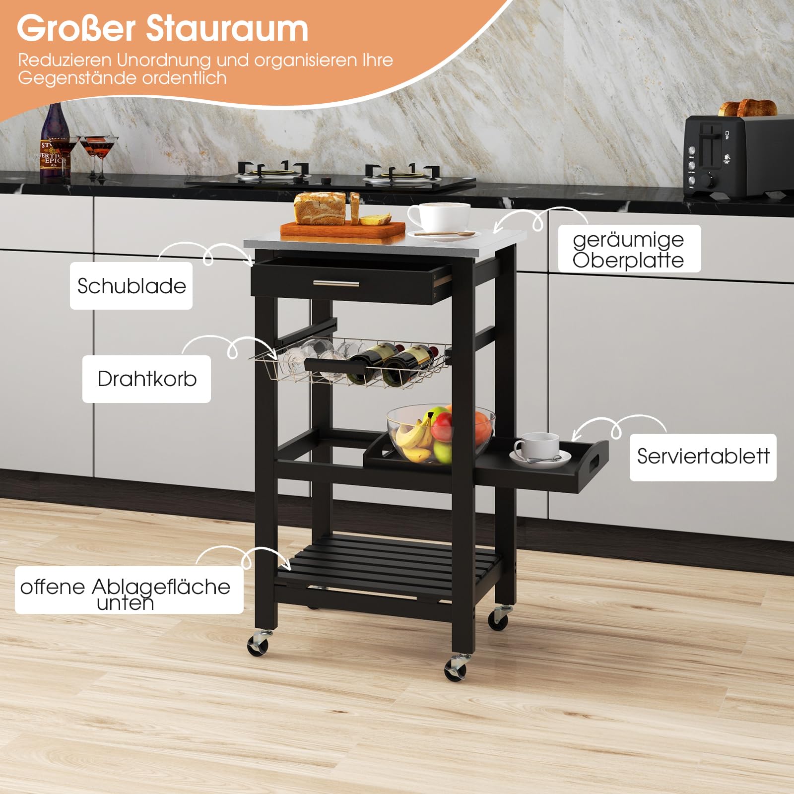 COSTWAY Kleiner Küchenwagen, Servierwagen auf Rollen, Küchenregal mit Arbeitsplatte aus Edelstahl, Schublade & Korb, Rollwagen Küche, Kücheninsel Küchentrolley, 47 x 39 x 85 cm (Schwarz)