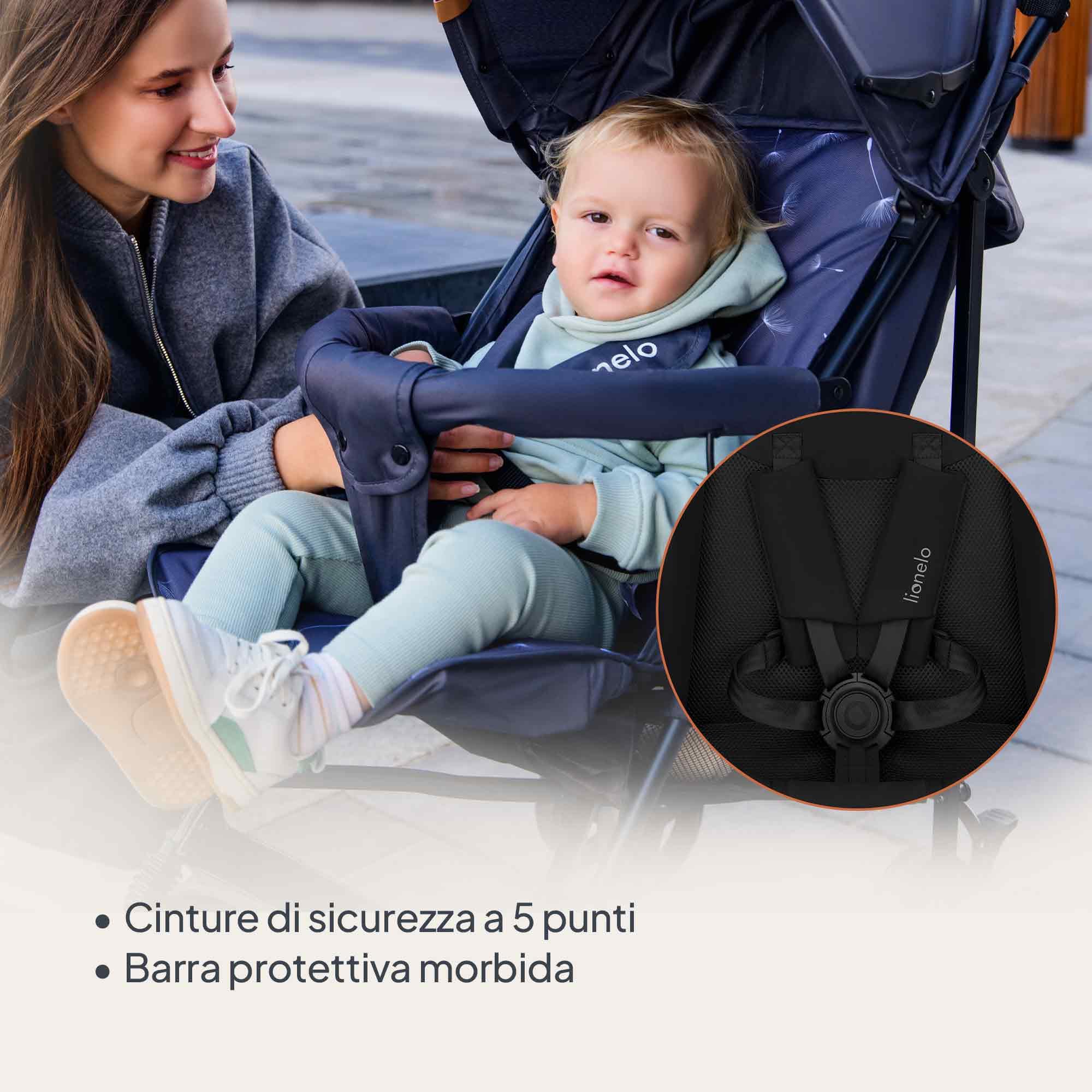 LIONELO ELIA Passeggino Leggero Pieghevole e Compatto da Viaggio per Bambini, Schienale Reclinabile Sdraiato, Cinture a 5 Punti, Cappottina UV e Grande Cestino Portaoggetti, 6-36 Mesi fino a 15 kg