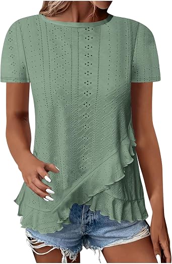 Eyelet Tops for Women 2025 Summer Boho Short Sleeve Dressy Casual Shirts Trendy Round Neck Cute Blouses Clothes