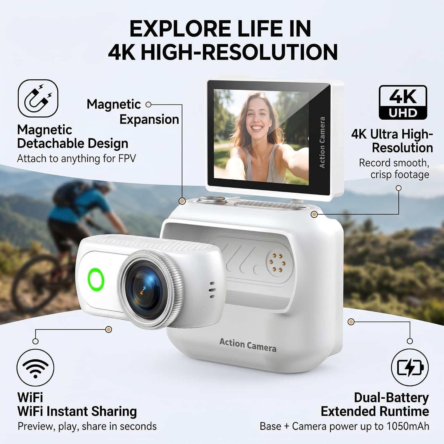 Pomya 4K Action Camera with Flip Screen Magnetic POV Body Cam App Control | 4K flip screen action camera with magnetic mounts, dual batteries, wireless app control and sports recording modes.