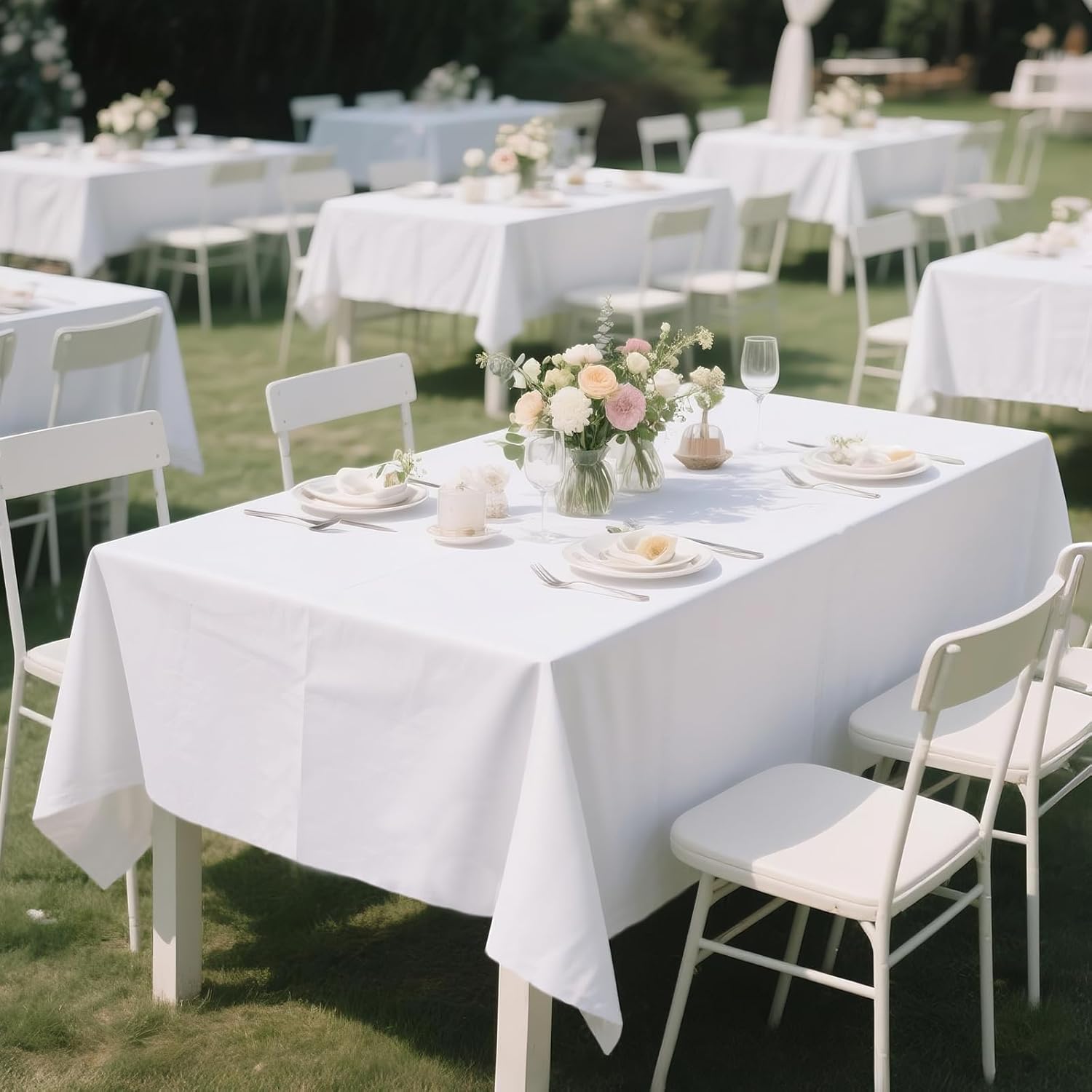 MRJ White Polyester Tablecloth 6 Pack, 70 x 120 Inch Extra Large Rectangle Table Cloth for 6-8 Ft Tables, Bulk Stain Resistant Wrinkle Free Washable Fabric Cover for Banquets & Weddings