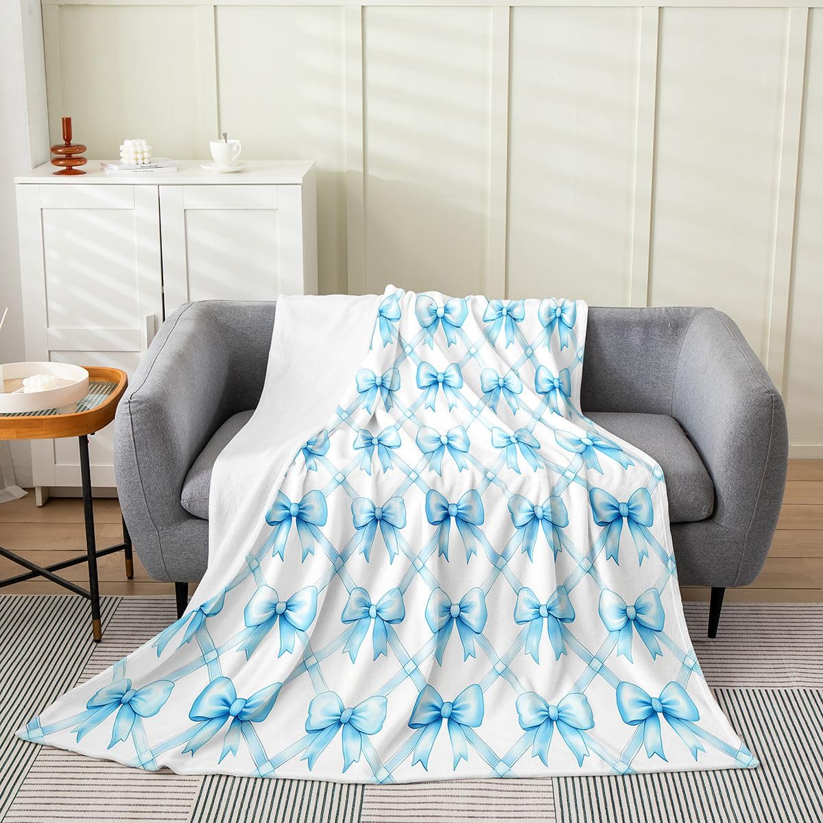 Blue Bowknot Flannel Fleece Blanket,Dreamy Princess Style Bedding Set Super Soft for Kids Teens,Watercolor Bow Geometric Grids Decor Flannel Blanket,40"x50"