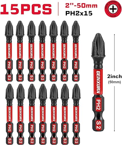 Miniatura 2 de Impact Tough #2 Phillips - Juego de puntas de destornillador de 2 pulgadas, paquete de 15 puntas de destornillador PH2 a granel