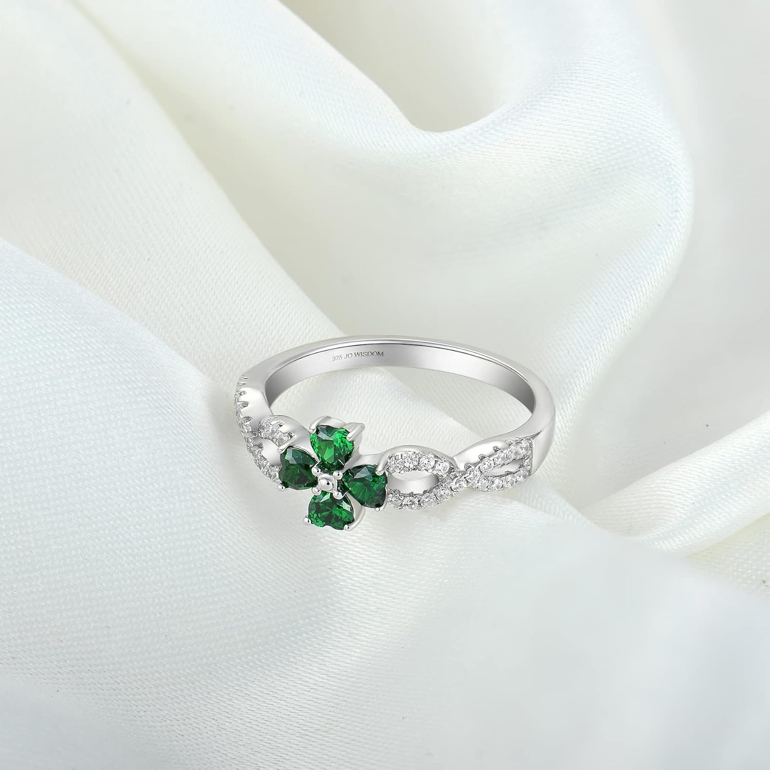 JO WISDOM Women Infinity Ring,925 Sterling Silver Cubic Zirconia Lucky Four Leaf Green Heart CZ Flower Shamrock Clover Ring