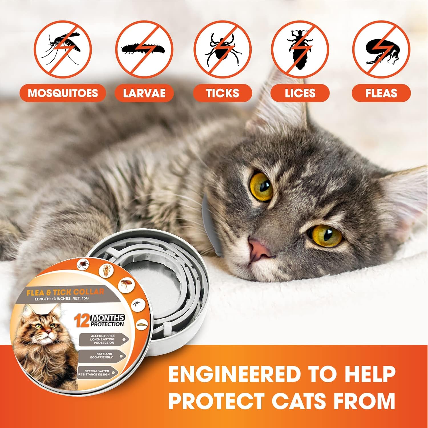 12Months Cat Flea Collars, Flea Collar for Cats 13 Inches, Flea