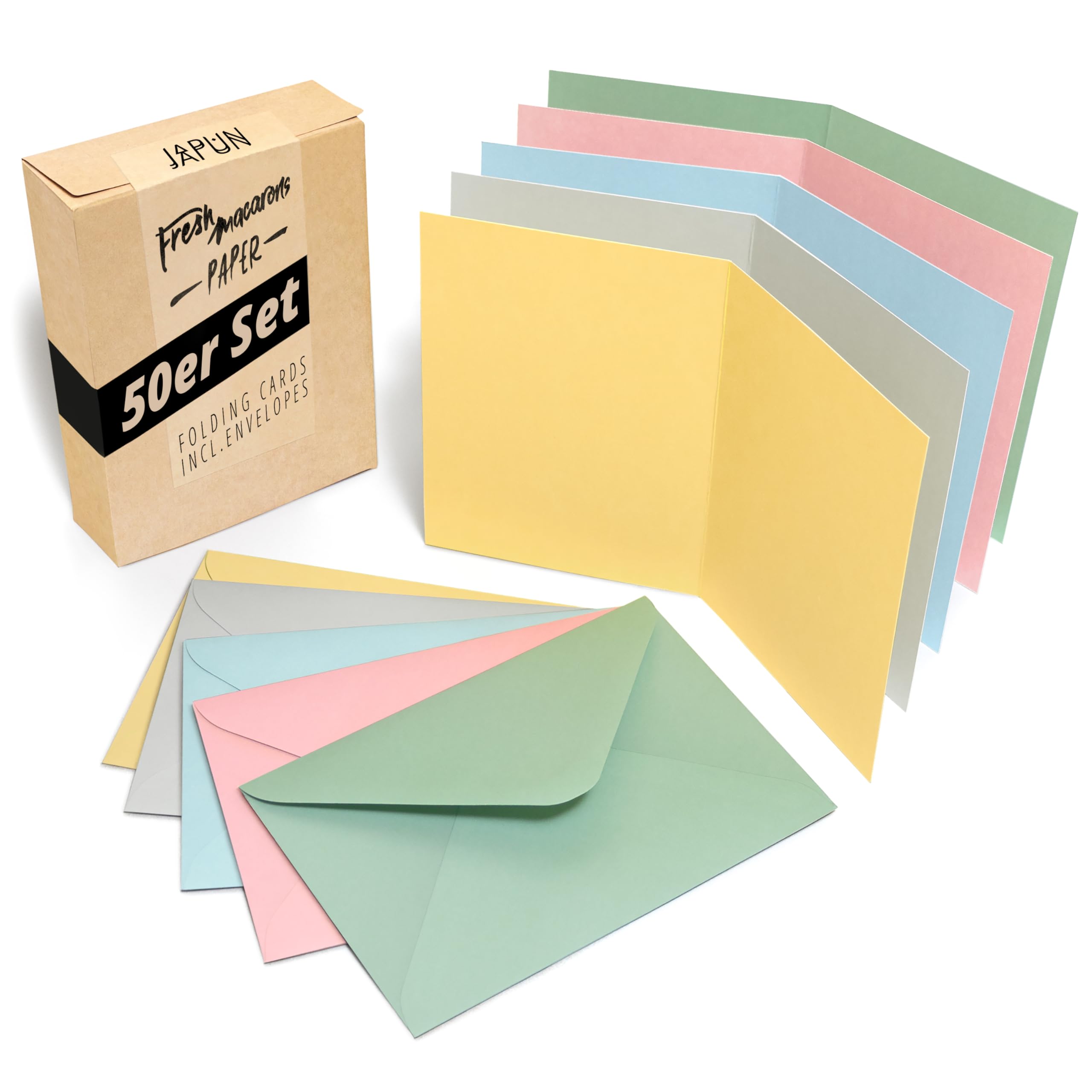 Set di 50 biglietti d'auguri con buste gialle - scritte fustellate e inserto a righe colorate