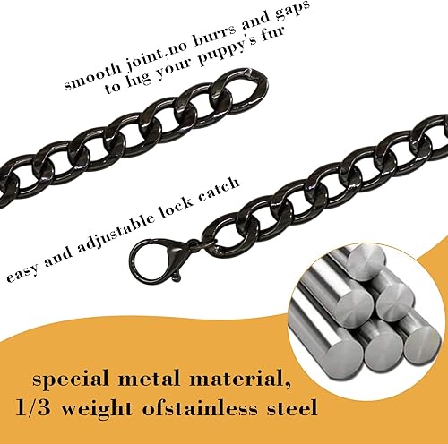 Miniatura 7 de Collar de cadena de perro negro de 34 pulgadas (0.787 in) de ancho, collar duradero de eslabones cubanos para perro, lindo collar de moda para