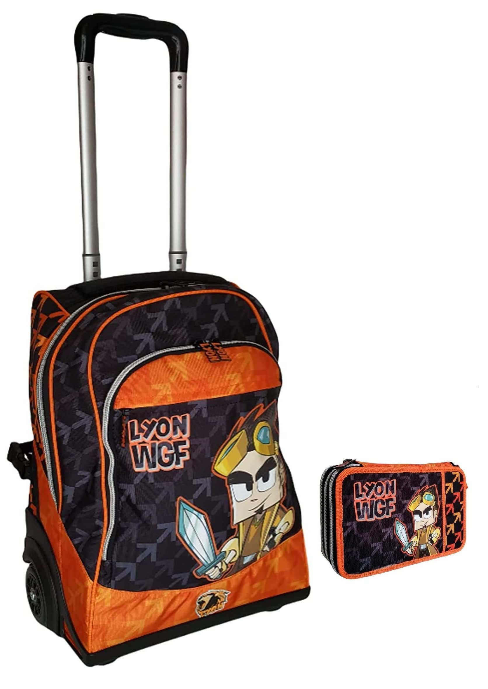 Trolley Schulrucksack Lyon Gamer + Federmäppchen 3 Etagen komplett + gratis Schlüsselanhänger Pfeife + gratis Farbstift