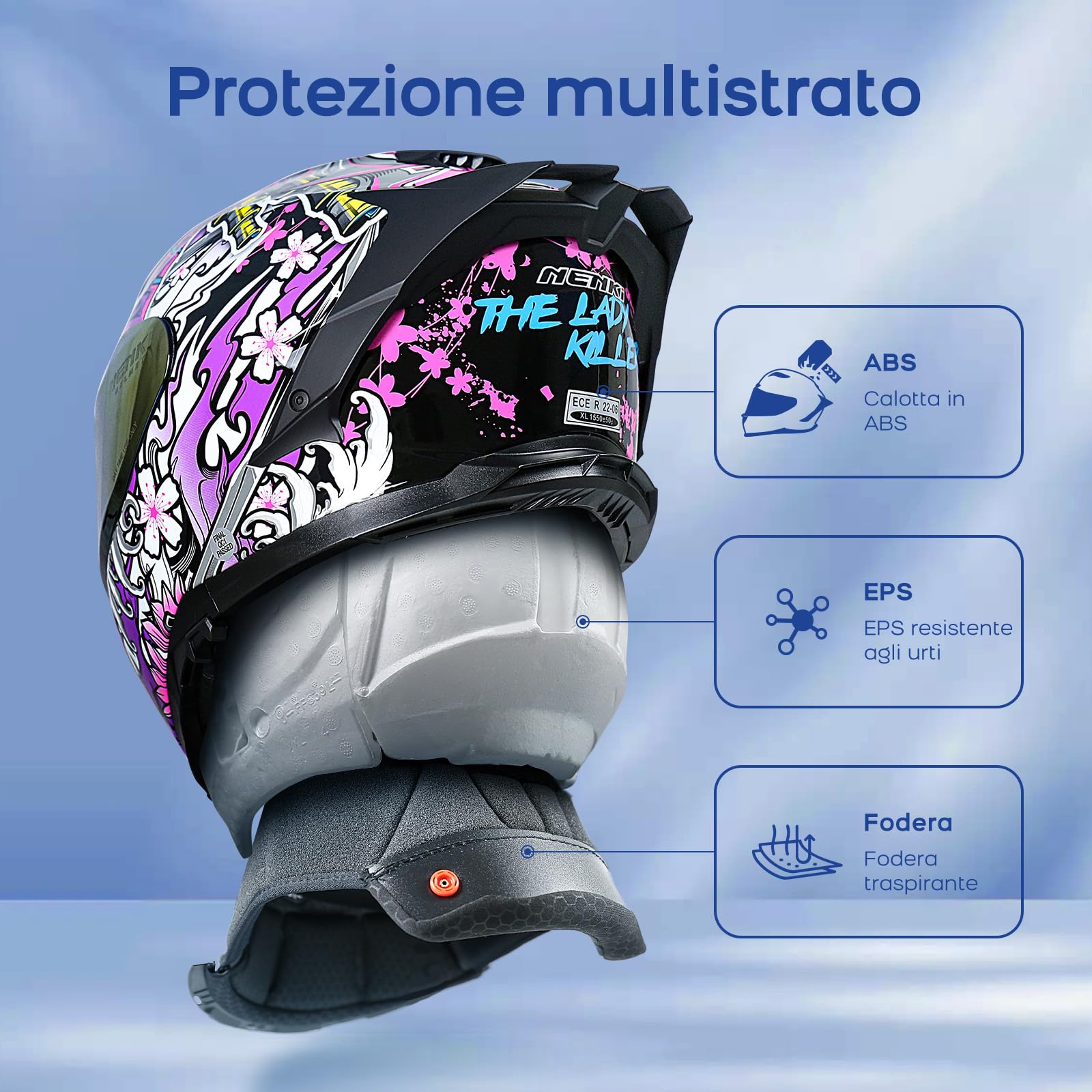 Casco moto per donna e uomo certificato ECE 22.06 - Caschi integrali con visiera parasole, sistema di ventilazione e imbottitura interna rimovibile