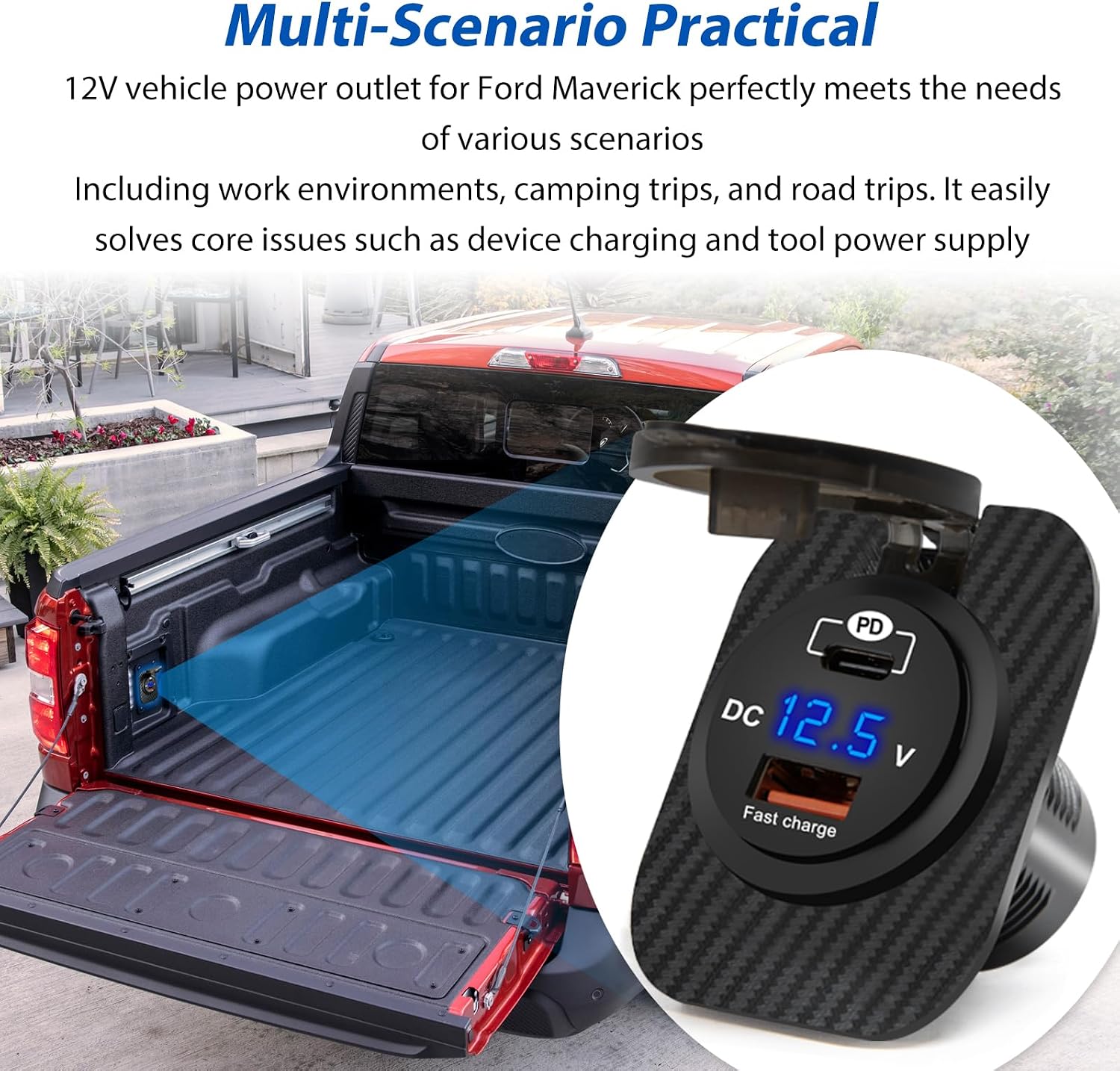 12V Car-Mounted Embedded Power Socket for Ford Maverick Flexbed (2022+), USB Charger (USB+PD) Fast Charging Direct,Tool-Free Installation Power Outlet Accessory,Replacement Cigarette Lighter Socket