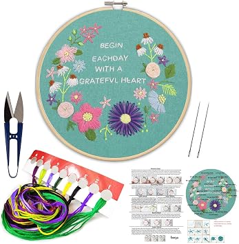 BERYA Handmade Embroidery Starter Kit Set with Pattern Including Embroidery Cloth,Bamboo Embroidery Hoop, Color Threads, and Other Tools Kit for Beginners
