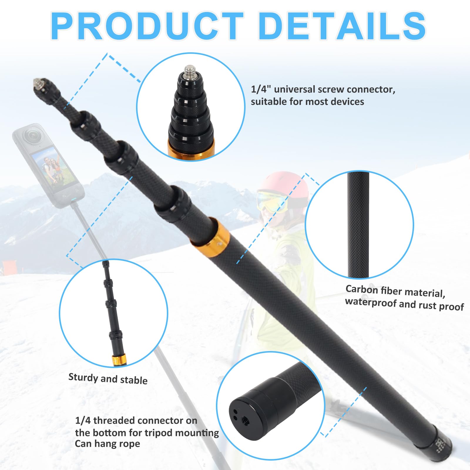 300cm Perche à Selfie Invisible en Fibre de Carbone, Compatible avec Insta-360 One R, One RS, GO 2, One X2, One X, X3, Vis 1/4 Pouce 46cm-300cm Longueur Réglable
