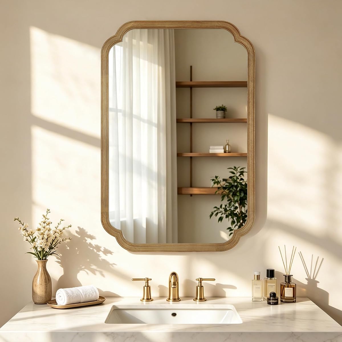 Wood Bathroom Mirror for Wall Decor Arched Rounded Corner Rustic Wood Frame Wall Mirror Home Decorative for Vanity, Living Room, Bedroom, Entryway (24 x 36 inch, Natural)