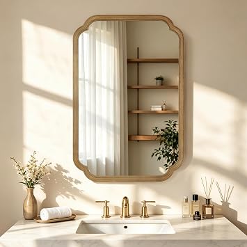 HOMECOOKIN Wood Bathroom Mirror for Wall Decor Arched Rounded Corner Rustic Wood Frame Wall Mirror Home Decorative for Vanity, Living Room, Bedroom, Entryway 24 x 36 inch, Natural
