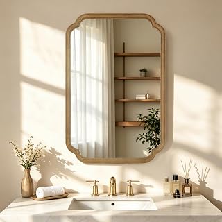 Wood Bathroom Mirror for Wall Decor Arched Rounded Corner Rustic Wood Frame Wall Mirror Home Decorative for Vanity, Living Room, Bedroom, Entryway (24 x 36 inch, Natural)