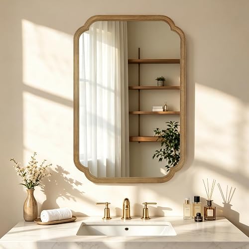 HOMECOOKIN Wood Bathroom Mirror for Wall Decor Arched Rounded Corner