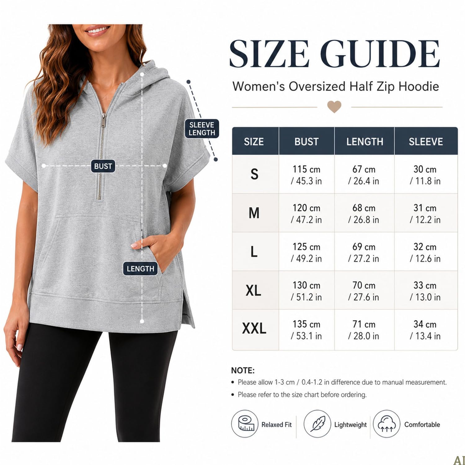 Generisch Oversized damska bluza z kapturem z zamkiem błyskawicznym do połowy długości, sweter z krótkim rękawem z zamkiem błyskawicznym i kieszenią na co dzień