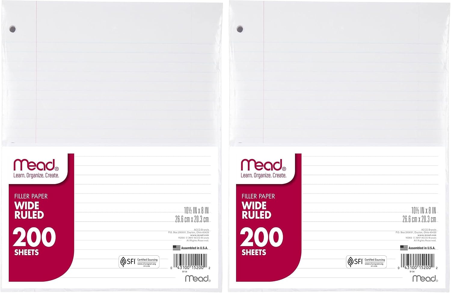Mead Loose Leaf Paper, Wide Ruled Filler Notebook Paper, 8" x 10-1/2", 200 Sheets, Fits 3-Ring Binder (15200)