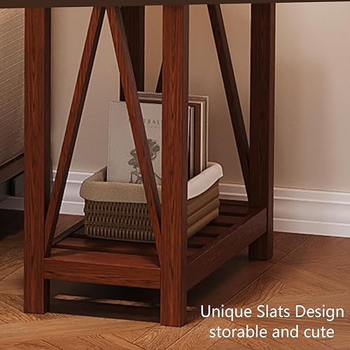 Miniatura 5 de ChooChoo Juego de 2 mesas auxiliares rústicas vintage con estante de almacenamiento para espacios pequeños, mesita de noche para sala de estar,