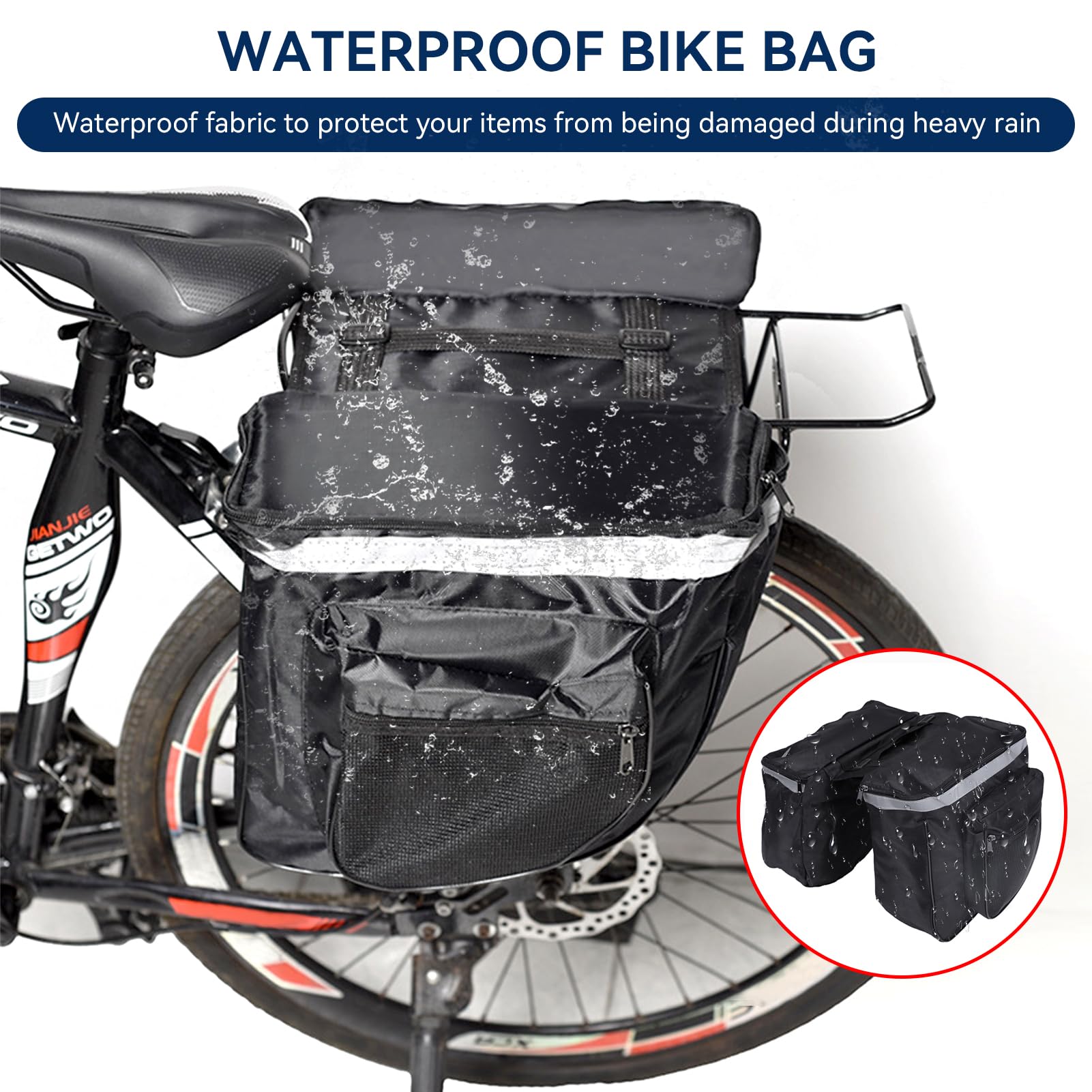 Frdhee Bike Panniers 25L, Saddle Bags for Bicycle Waterproof Bicycle Saddle Bags Bicycle Commuting Pannier Mountain Road Bike Rack Rear Seat Tail Carrier Trunk Double Pannier Bag, black