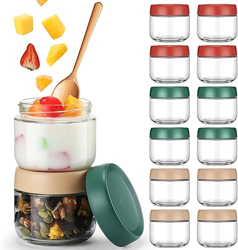 12 tarros de vidrio de 10 onzas con tapas, tarros de avena transparentes de boca ancha herméticos pequeños recipientes de vidrio reutilizables para