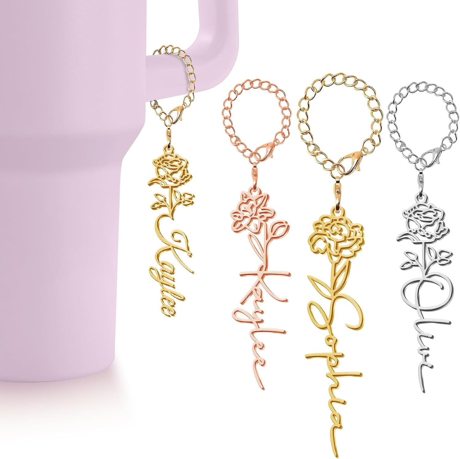 Ajiangwu Cup Accessories for 30 OZ 40 OZ Tumbler with handle,Custom Birth Flower Name Tumbler Accessories,Personalized Handle Charms for Cup/Coffee Mug/Water Bottle