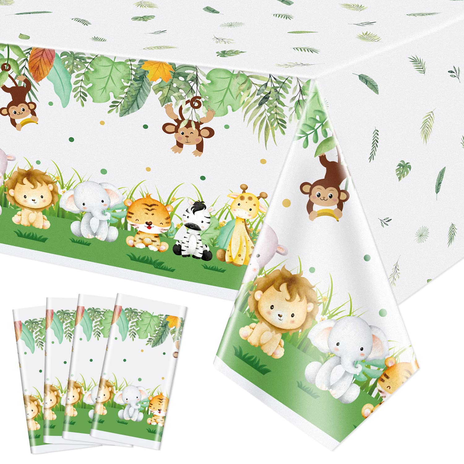 PIXHOTUL 4 Pcs Jungle Safari Tablecloths, Safari Baby Shower Table Cloths Decorations, Animal Print Table Cover, Wild One Birthday Party Decorations for Boys Kids, 86''x 51'' — image 1