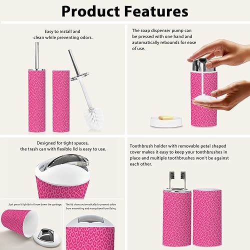 Miniatura 3 de Bathroom Accessory Set 6PCS Hot Pink Leopard Pink Spots Seamless Trash Can, Soap Dispenser, Toothbrush Holder, Toothbrush Cup, Toilet Brush Holder,