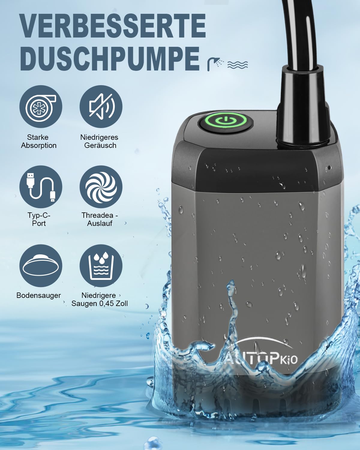 AUTOPkio Campingdusche mit Akku, Verbesserte Camping Dusche 6000mAh Wiederaufladbar Pumpe, Intelligente Digitalanzeige für Camp, Outdoor, Haustier, Notfall