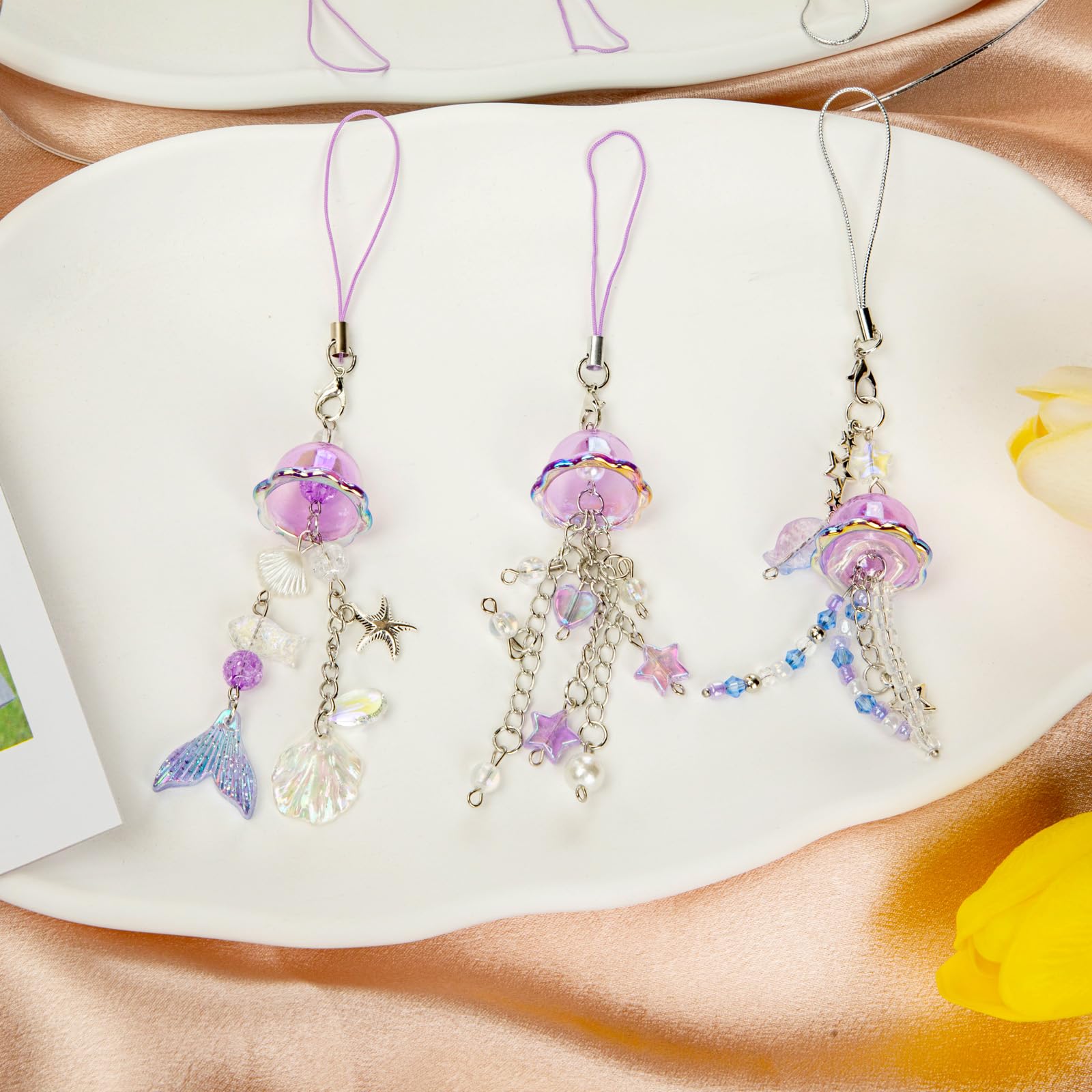 chihimoer 3 PCS Purple phone Charm Y2K Accessories Aesthetic Keychain Jellyfish Decor String Cellphone Chain Pendant Strap Lanyard Bead