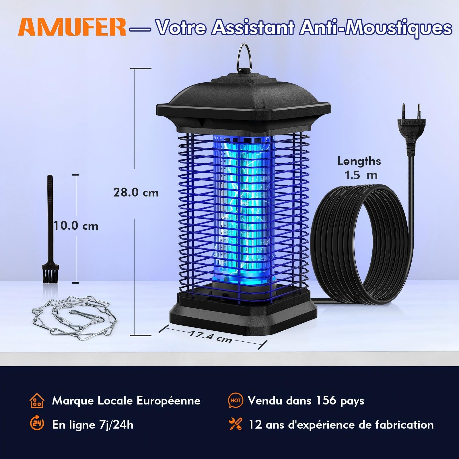 AMUFER Elektryczna pułapka na owady o mocy 18 W i napięciu 4400 V, 100% wyższa skuteczność zwalczania komarów, pułapka na muchy do ogrodu, sypialni, gastronomii