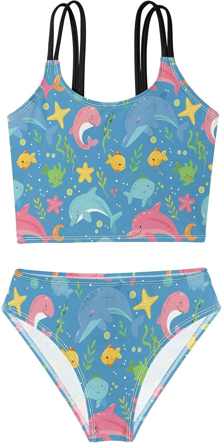 visesunny Girls Two Piece Swimsuits Cartoon Sea Animal Girl's Bikini Sets Bathing Suits for Girls Size 5-12Y