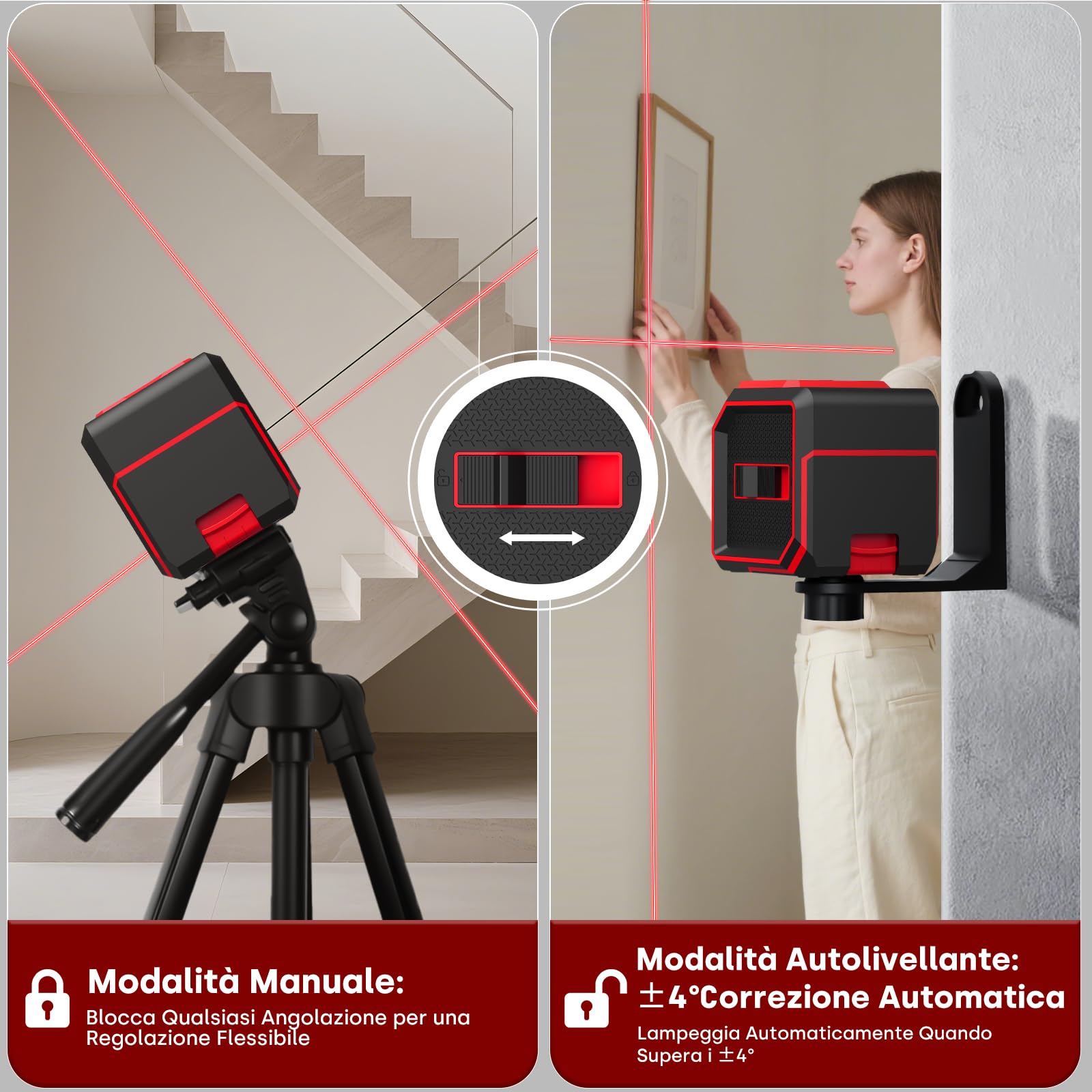 Livella Laser Autolivellante, 20M Rosso Livello Laser Orizzontale e Verticale, 2 x Batteria AA, IP54 per Cantieri, Decorazione per la casa, DIY, Portatile