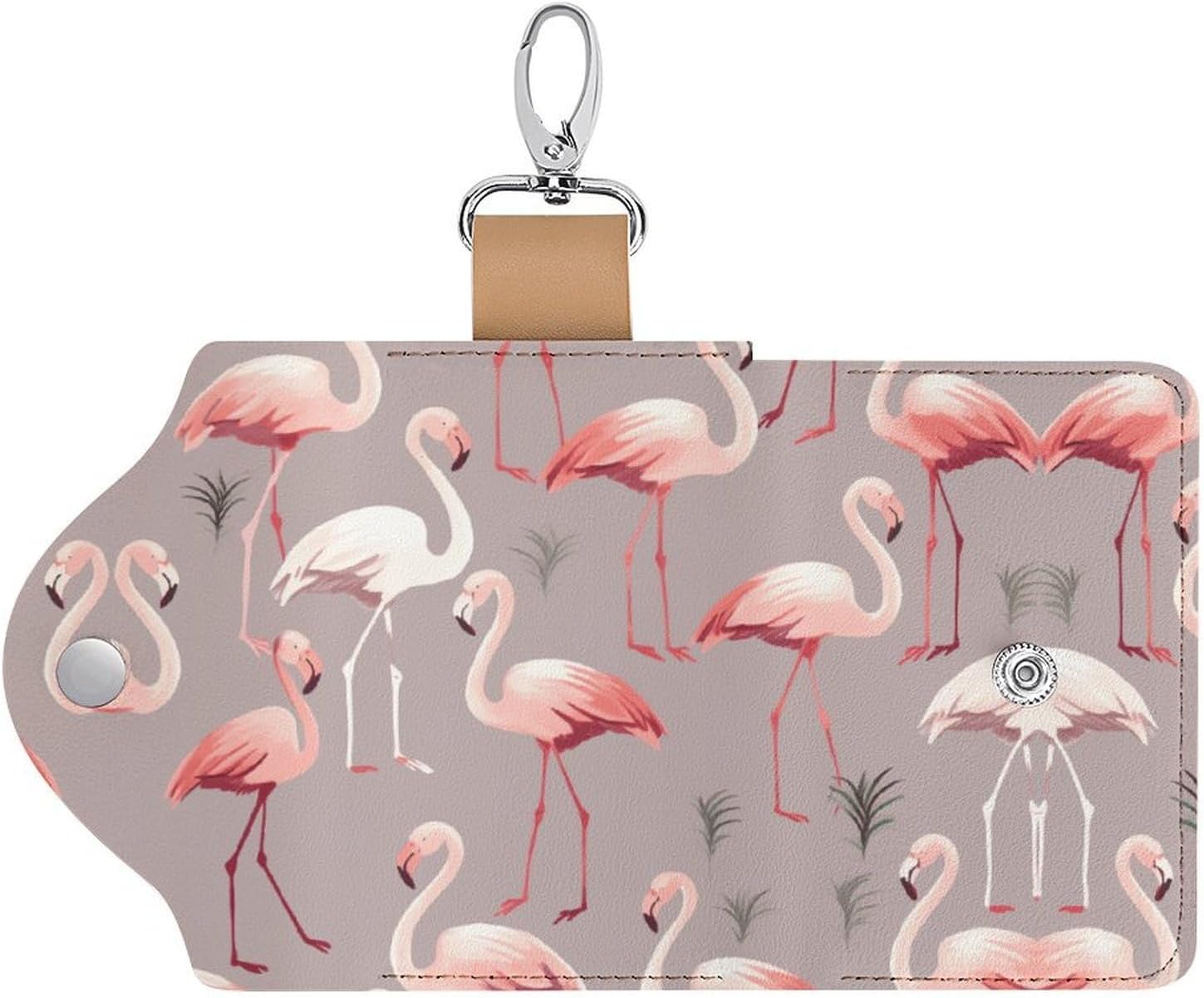 Pink Flamingo Pattern Key Pouch, PU Leather Key Holder, Personalized Snap Closure Key Bag with Card Slot & Coin Pocket, Portable Key Organizer for Car Keys House Keys, Men Women