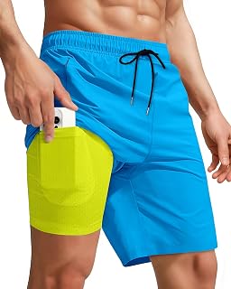Men Swim Trunks with Compression 9 Inches Breathabe Liner Quick Dry Zipper Pockets for Board Beach Gym Running