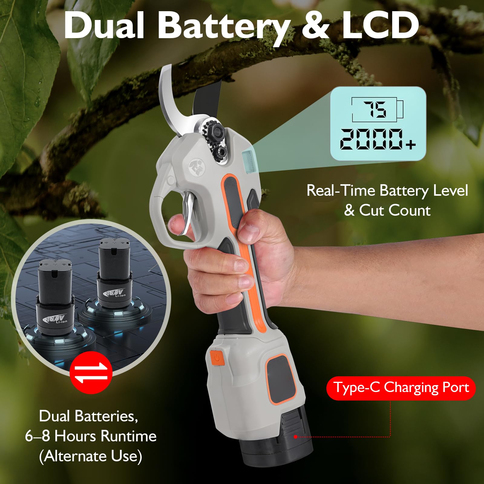 Coupe Branche Electrique (Kit Double Batterie) – Secateur Électrique Sans Fil, Secateur De Jardin Cisaille Avec Gants Et Sac À Outils – Pour Vignes Et Olivier Dans Les Vergers/Jardins