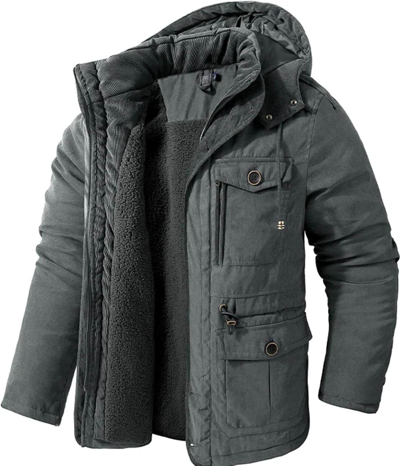 Men's Fleece Jackets Winter Vintage Warm Thick Hooded Parka Camping Snow Cold-proof Pocket Coats