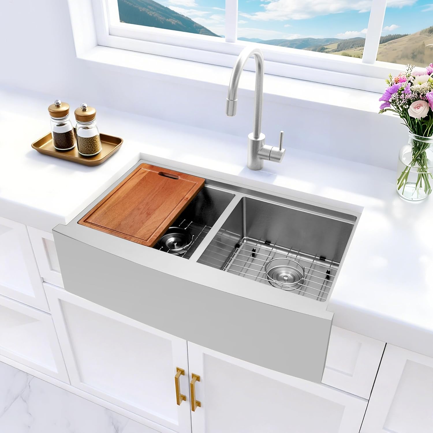 33 Inch Double Farmhouse kitchen Sink,16-Gauge SUS304 Stainless Steel Farm Sinks, 50/50 Apron Front Features Workstaion Sink With Accessories,33''×20''×10" Large and Deep Double Kitchen Sinks