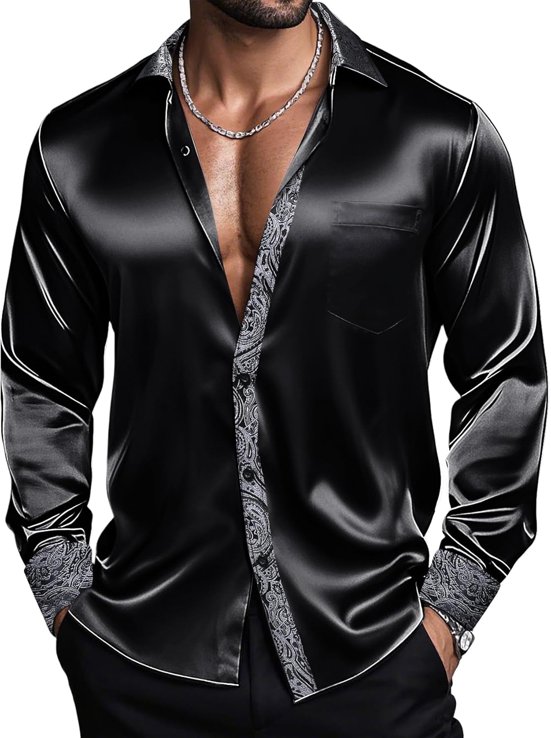 Barry.Wang Mens Satin Silk Shirts Long Sleeve Designer Dress Shirt Shiny Untucked Casual Button Down Shirt Party Disco Formal