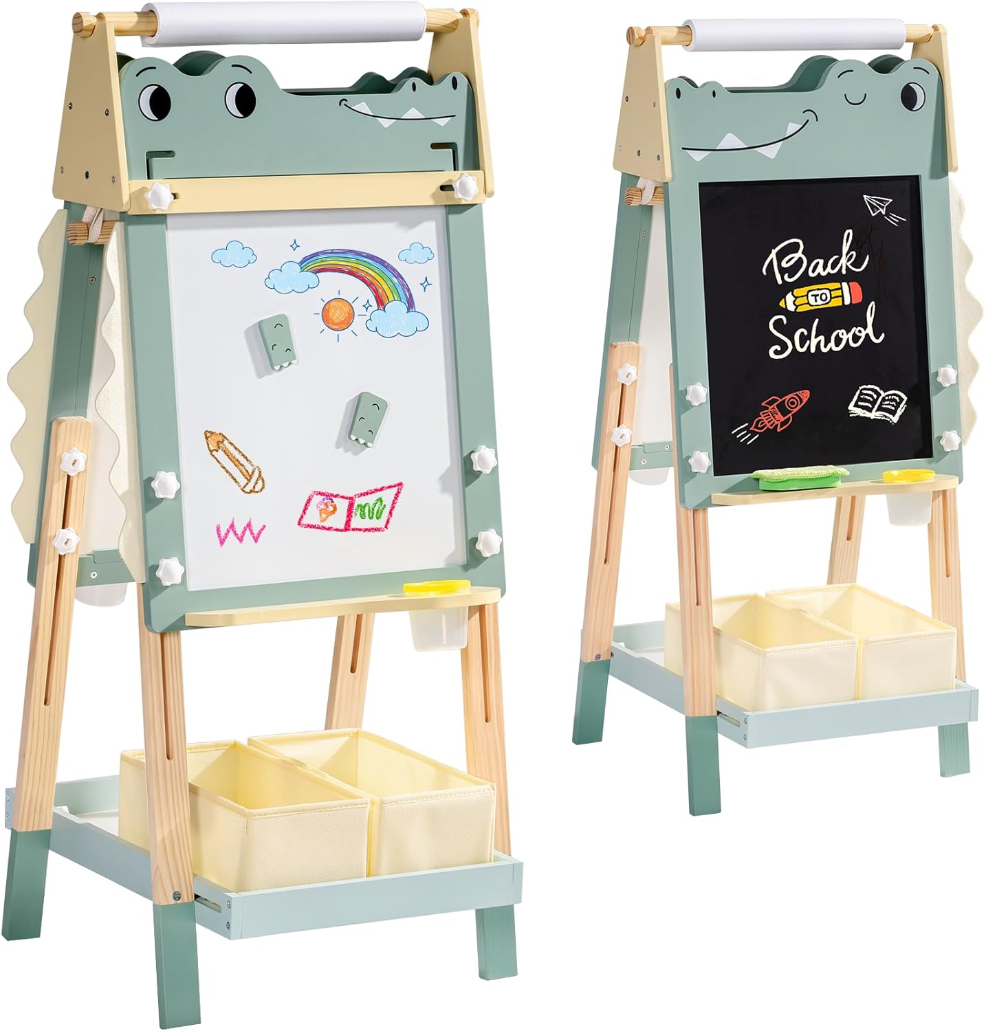 ROBOTIME Alligator Easel for Kids - 3-in-1 Adjustable Height Wooden Children Easel with Magnetic Whiteboard, Chalkboard & Paper Roll Holder, Fun Kid's Art Station for Boys & Girls Ages 3~12 Years