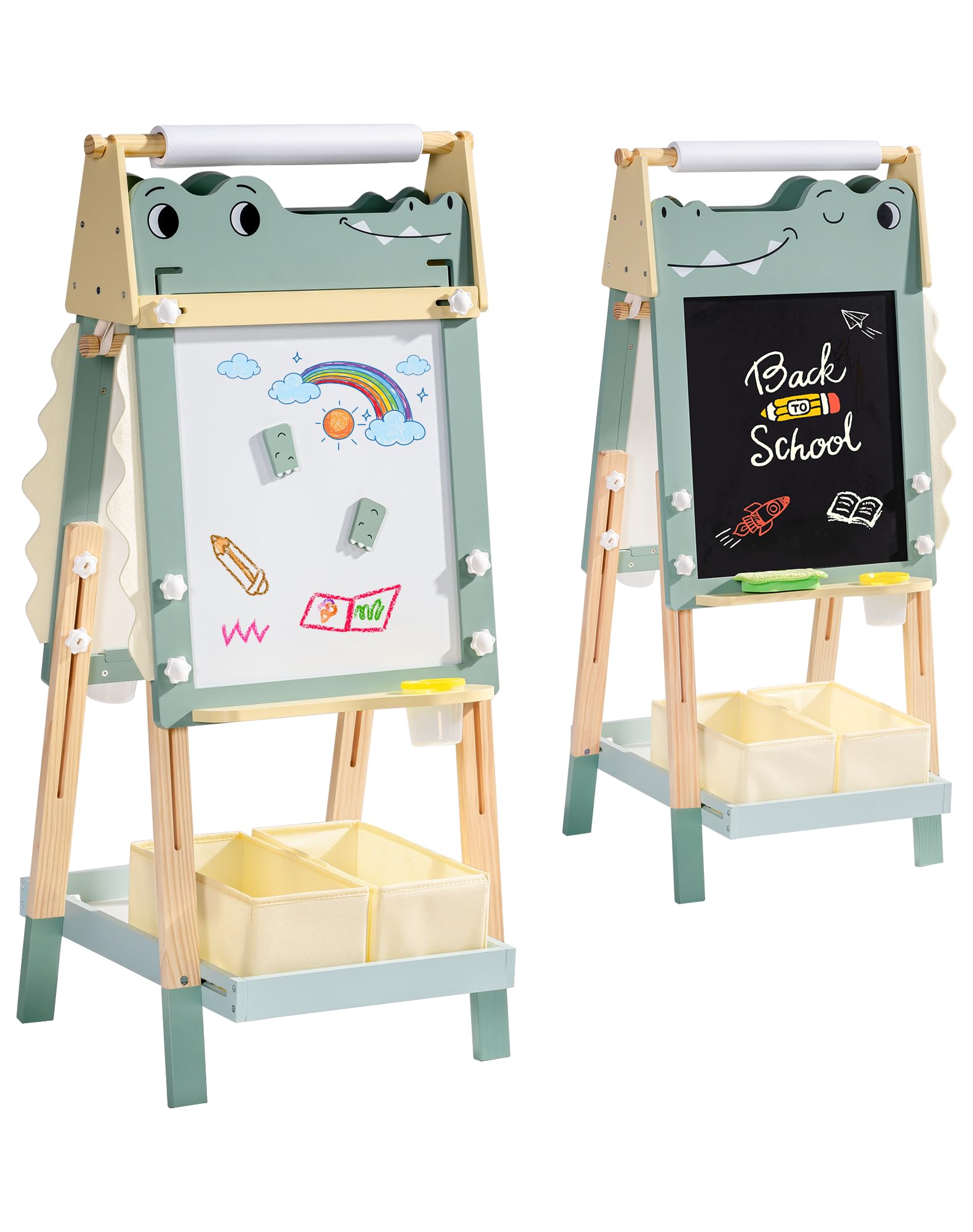 Caballete de cocodrilo para niños, caballete de madera 3 en 1 de altura ajustable con pizarra blanca magnética, pizarra y soporte para rollo de papel, divertida estación de arte para niños y