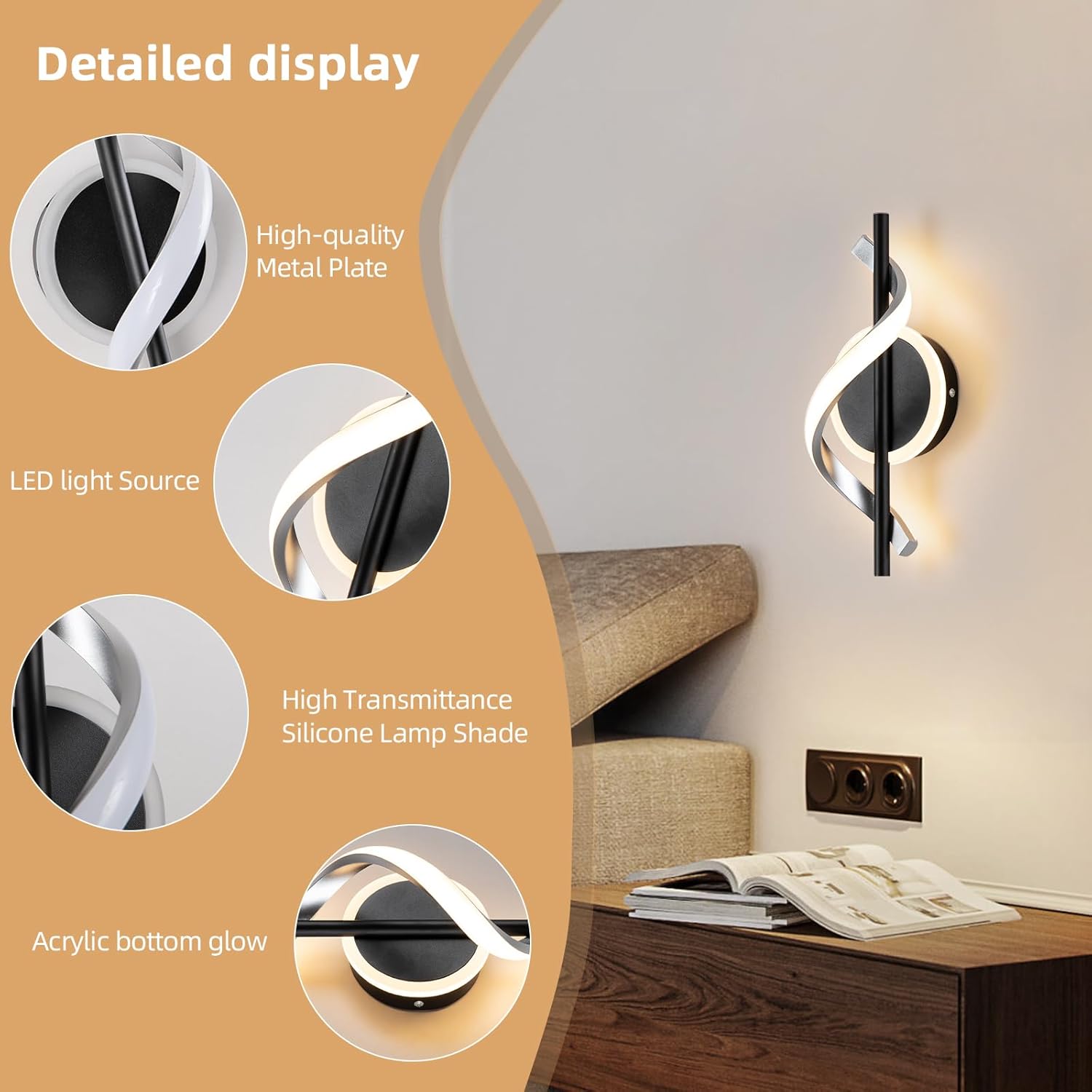 EIDISUNY Black Wall Sconces Sets of 2, 12W Modern Spiral LED Wall Lamp, 3000K Warm White Wall Light Fixture for Stairs Living Room Bedroom Aisle Hallway