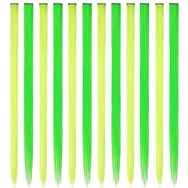 FESHFEN Colored Clip in Hair Extensions - 12 PCS Green and Yellow Highlighted Hair Piece Straight Synthetic Clip in Hairpieces for Women 22 inch