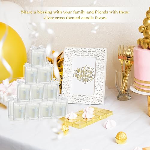 Miniatura 5 de Hushee 24 piezas de regalos de fiesta de boda, velas cruzadas, regalos de bautismo, velas temáticas de cruz plateada, regalos de despedida de