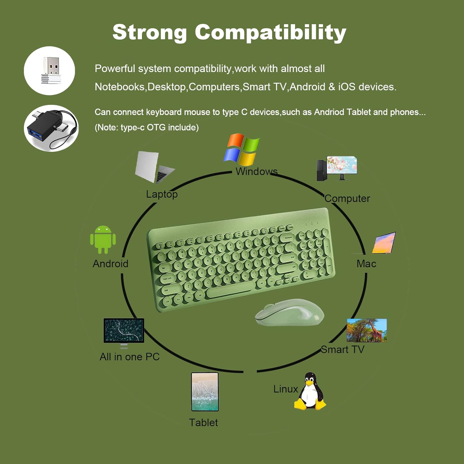 Wireless Keyboard and Mouse Combo,JieruiDeng 2.4Ghz USB Cordless Full-Sized Colorful Keyboard with Numeric Keypad and Noisless Mice Set for Computer Laptop PC Gamer (Green)