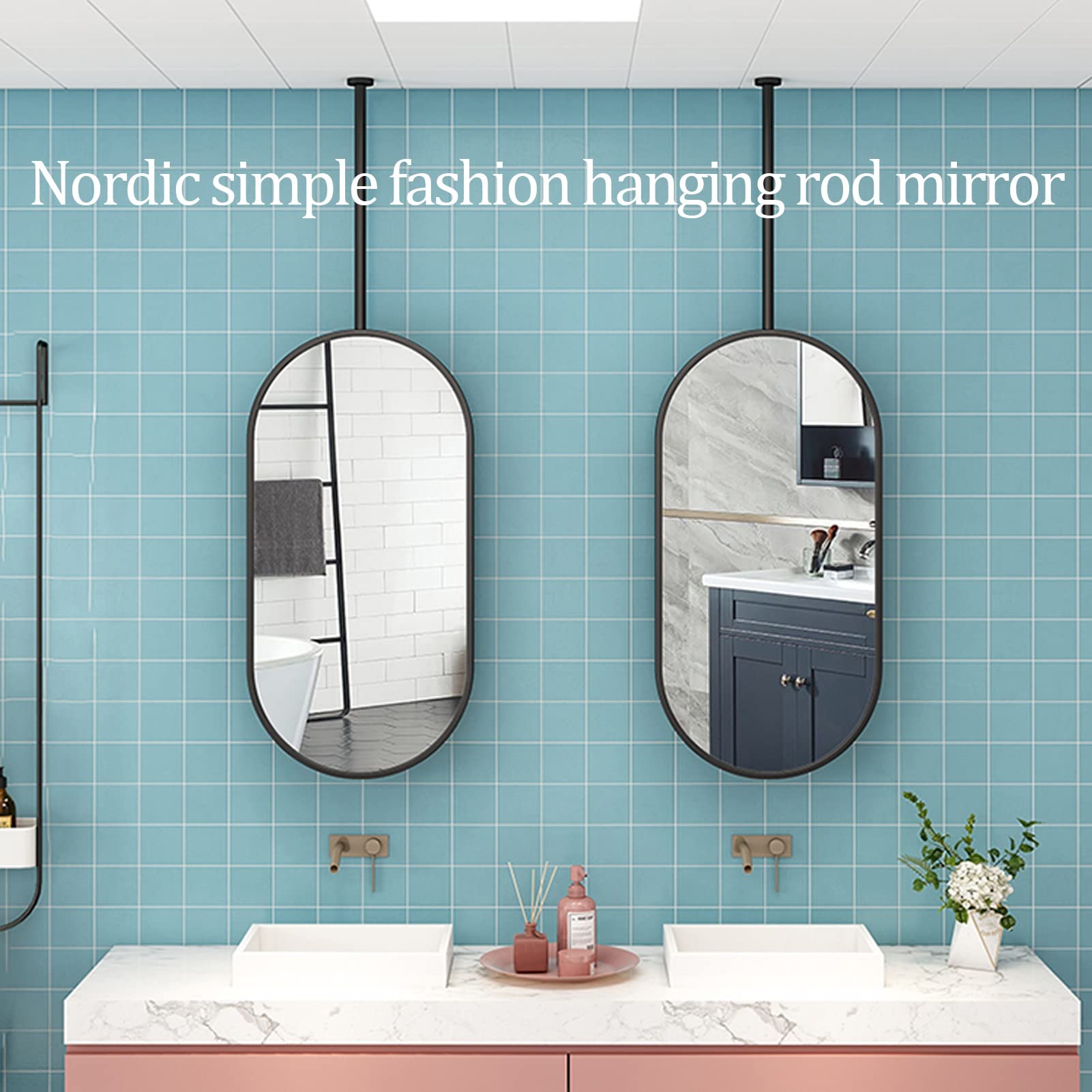 Ovale Deckenspiegel, hängende Stabspiegel mit Metallrahmen für Badezimmerwaschraum-Make-up-Rasier-Shop Hoteleingang Dekorativer Spiegel (Size : 40cmx70cm)